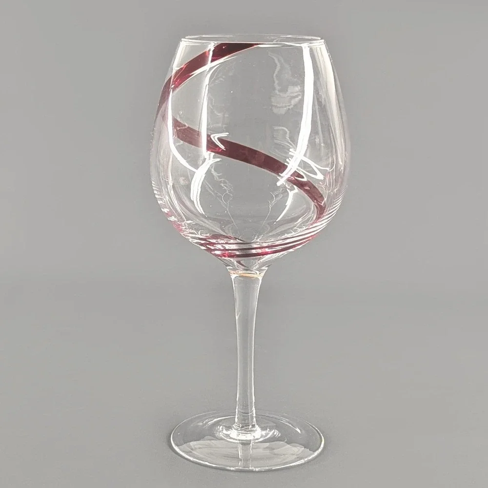 Pier 1 Red Ribbon Swirl Clear Glass Wine Goblet Hand Blown Balloon Stemware